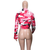 Women'S Long Casual Fashion Camouflage Print Big Pocket Turndown Collar Short Jacket