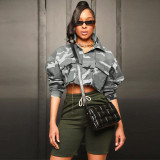 Women'S Long Casual Fashion Camouflage Print Big Pocket Turndown Collar Short Jacket