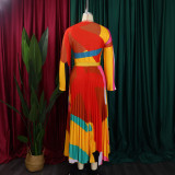 Women Autumn Pleated Print Contrast Color Long-sleeved Top and Skirt Two-Piece Set