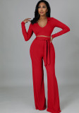 Women Solid V neck Top and Bell Bottom Pant two-piece set