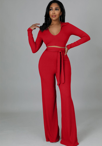 Women Solid V neck Top and Bell Bottom Pant two-piece set