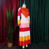 Women Autumn Pleated Print Contrast Color Long-sleeved Top and Skirt Two-Piece Set
