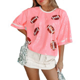 Women Summer Sequined Loose Round Neck Half Sleeve T-Shirt