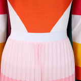 Women Autumn Pleated Print Contrast Color Long-sleeved Top and Skirt Two-Piece Set