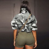 Women'S Long Casual Fashion Camouflage Print Big Pocket Turndown Collar Short Jacket