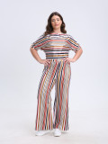 Plus Size Women Casual Short Sleeve Top And Striped Wide Leg Pants Two-piece Set