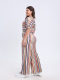 Plus Size Women Casual Short Sleeve Top And Striped Wide Leg Pants Two-piece Set