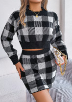 Women Autumn and Winter Casual Contrast Plaid Long Sleeve Crop Sweater and Bodycon Skirt Two-piece Set
