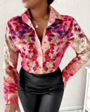 Women Long Sleeve Turndown Collar Button Print Shirt