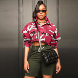 Women'S Long Casual Fashion Camouflage Print Big Pocket Turndown Collar Short Jacket