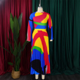Women Autumn Pleated Print Contrast Color Long-sleeved Top and Skirt Two-Piece Set