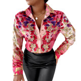 Women Long Sleeve Turndown Collar Button Print Shirt