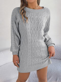 Women Autumn and Winter Solid Twist Lantern Sleeve Sweater Dress