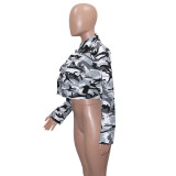 Women'S Long Casual Fashion Camouflage Print Big Pocket Turndown Collar Short Jacket