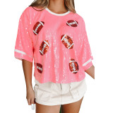 Women Summer Sequined Loose Round Neck Half Sleeve T-Shirt