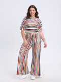 Plus Size Women Casual Short Sleeve Top And Striped Wide Leg Pants Two-piece Set