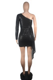 Women One Shoulder Long Sleeve Solid Sequin Bodycon Dress