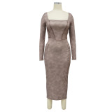 Women Sexy Long Sleeve Square Neck Slit Dress