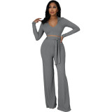 Women Solid V neck Top and Bell Bottom Pant two-piece set