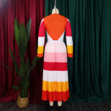 Women Autumn Pleated Print Contrast Color Long-sleeved Top and Skirt Two-Piece Set