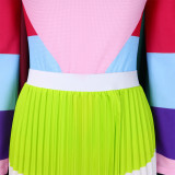 Women Autumn Pleated Print Contrast Color Long-sleeved Top and Skirt Two-Piece Set