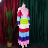 Women Autumn Pleated Print Contrast Color Long-sleeved Top and Skirt Two-Piece Set