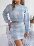 Women Autumn and Winter Casual Contrast Plaid Long Sleeve Crop Sweater and Bodycon Skirt Two-piece Set