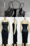 Women Autumn Sexy Suspender Slit Pu Leather Dress