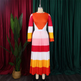 Women Autumn Pleated Print Contrast Color Long-sleeved Top and Skirt Two-Piece Set
