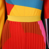 Women Autumn Pleated Print Contrast Color Long-sleeved Top and Skirt Two-Piece Set
