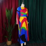 Women Autumn Pleated Print Contrast Color Long-sleeved Top and Skirt Two-Piece Set