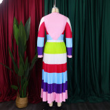 Women Autumn Pleated Print Contrast Color Long-sleeved Top and Skirt Two-Piece Set