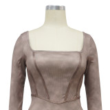 Women Sexy Long Sleeve Square Neck Slit Dress