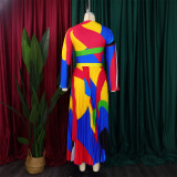 Women Autumn Pleated Print Contrast Color Long-sleeved Top and Skirt Two-Piece Set