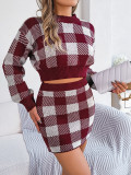 Women Autumn and Winter Casual Contrast Plaid Long Sleeve Crop Sweater and Bodycon Skirt Two-piece Set