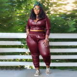 Plus Size Women's Fashion Casual Solid Color Pu Leather Two-Piece Pants Set For Women