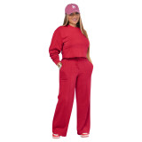 Women's Autumn And Winter Solid Color Round Neck Casual Sports Two-Piece Pants Set