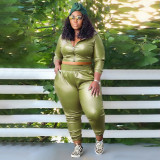 Plus Size Women's Fashion Casual Solid Color Pu Leather Two-Piece Pants Set For Women