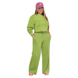 Women's Autumn And Winter Solid Color Round Neck Casual Sports Two-Piece Pants Set
