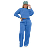 Women's Autumn And Winter Solid Color Round Neck Casual Sports Two-Piece Pants Set
