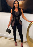 Autumn Women's Sexy Hollow Knitting Crochet Sleeveless High Waist Tight Fitting Jumpsuit