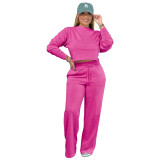 Women's Autumn And Winter Solid Color Round Neck Casual Sports Two-Piece Pants Set