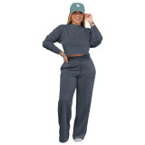 Women's Autumn And Winter Solid Color Round Neck Casual Sports Two-Piece Pants Set