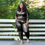 Plus Size Women's Fashion Casual Solid Color Pu Leather Two-Piece Pants Set For Women