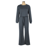 Women's Autumn And Winter Solid Color Round Neck Casual Sports Two-Piece Pants Set