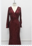 Plus Size Women Long Sleeve V-Neck Sequined Mermaid Evening Dress