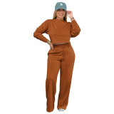 Women's Autumn And Winter Solid Color Round Neck Casual Sports Two-Piece Pants Set
