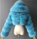 Women Faux furry Hooded Long Sleeve Crop Jacket