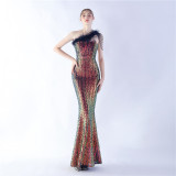 Women Ostrich Feather Beads Symphony Sequins Formal Party Evening Dress