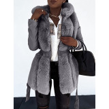 Women Faux furry Belted Hooded Solid Zip Jacket